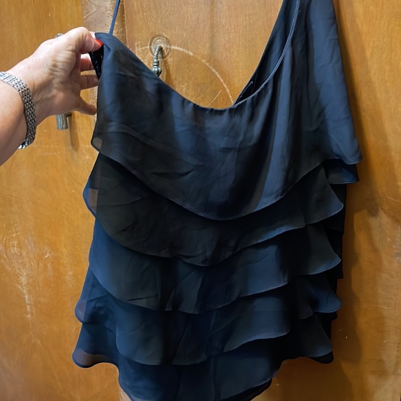 FORMAL FANCY ONE SHOULDER DRAPE TOP. Flat Sequins around neck and shoulder - Picture 4 of 6